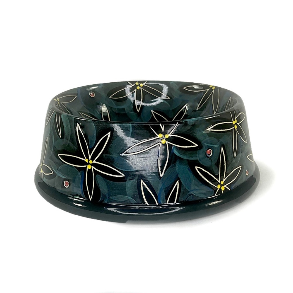 Dark Green Flowered Handmade Ceramic Vintage Dog Bowl